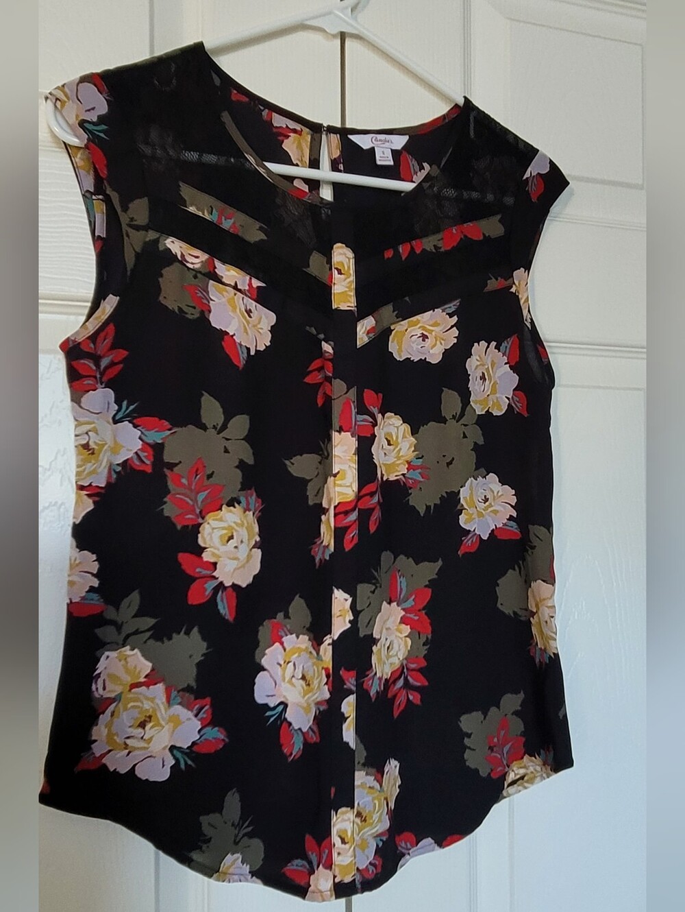 Candies Black Floral Sleeveless Blouse w/ Lace Detail On Bodice Size S